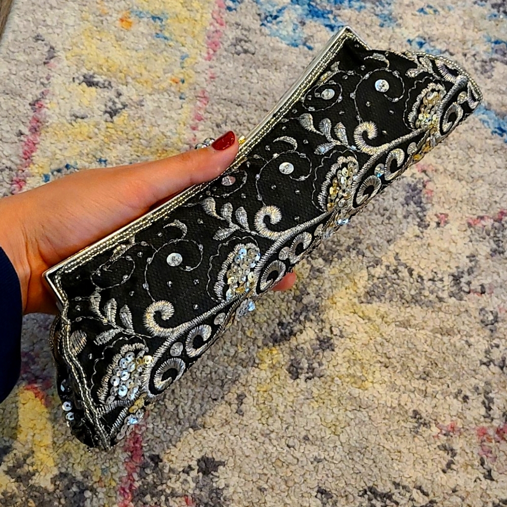 Black and silver beaded clutch